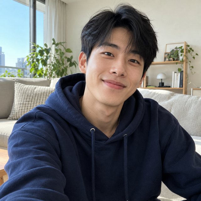 Photo of a young man in a navy hoodie in a living room