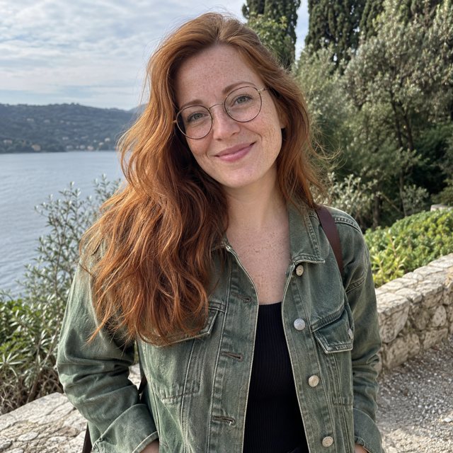 Photo of a red-haired woman in a green denim jacket